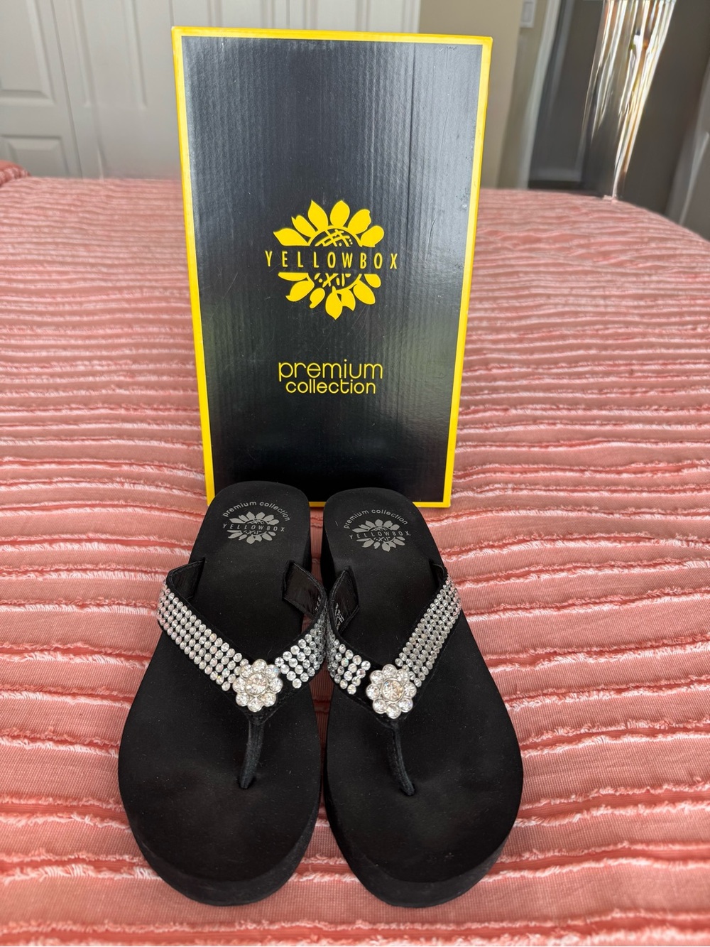 Yellow Box Black Jeweled Thong Sandals